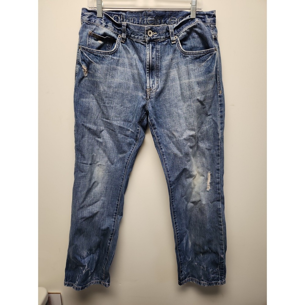CALVIN KLEIN CK Straight Cut Distressed Medium Wash Blue Jeans Size 33x30